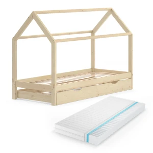 Huisbed Wiki Natuurlijk hout 90x200 cm met logeerbed en matras Vitalispa