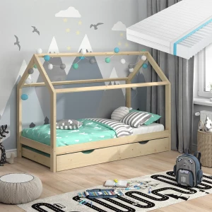 Hausbett Wiki Naturholz 90x200 cm mit Gästebett und Matratze livinity®