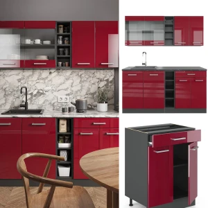 Singleküche R-Line Rot Hochglanz/Anthrazit 160 cm , AP Marmor livinity®