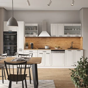 Küchenzeile R-Line Weiß Landhaus/Weiß 350 cm mit Hochschrank, AP Marmor livinity®