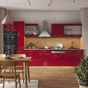 Küchenzeile R-Line Rot Hochglanz/Goldkraft Eiche 350 cm mit Hochschrank, AP Marmor livinity®