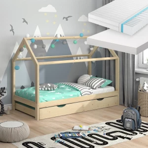 Hausbett Wiki Naturholz 90x200 cm mit Gästebett und 2 Matratzen livinity®