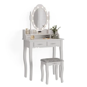 Makeupbord Maggie Hvid 75 cm med LED-belysning og skammel Vicco