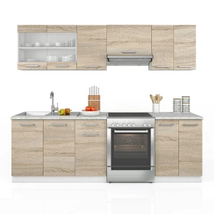 Køkkenenhed Raul Sonoma/Hvid 240 cm Med bordplade med LED-strip Vicco