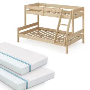 Lit superposé Everest Naturel bois 120x200 / 80x200 cm avec 2 matelas Vitalispa