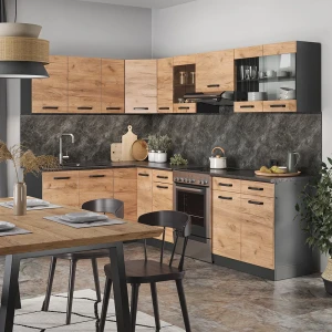 Eckküche Rick Goldkraft Eiche/Anthrazit 267 x 167 cm, AP Schwarz mit LED-Leisten livinity®