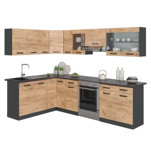 Hjørnekøkken Rick Guld power eg/antracit 270 x 60 cm med Sort mønstret med LED-strip Vicco