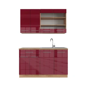 Cuisine Fame-Line Bordeaux brillant/Chêne doré 140cm , PT Chêne Vicco