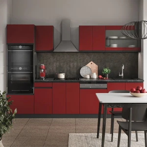 Küchenzeile R-Line Rot/Anthrazit 300 cm J-Shape, mit Hochschrank, ohne Arbeitsplatte livinity®