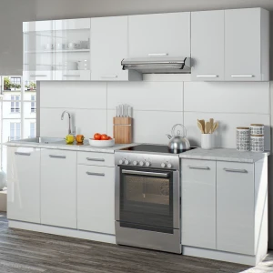 Küchenzeile Raul Weiß Hochglanz/Weiß 240 cm , AP Marmor mit LED-Leisten livinity®