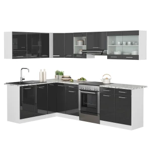 Hjørnekøkken Rick Antracit højglans/hvid 270 x 60 cm med bordplade med LED-strip Vicco