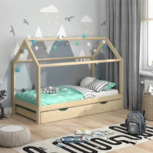 Hausbett Wiki Naturholz 90x200 cm mit Gästebett livinity®