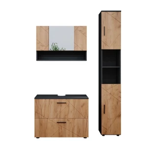 Badmöbel-Set Irma Goldkraft Eiche/Anthrazit 3 Teile, mit Spiegelschrank 80 cm Vicco