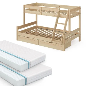 Lit superposé Everest Naturel bois 120x200 / 80x200 cm avec 2 matelas et 2 tiroirs Vitalispa