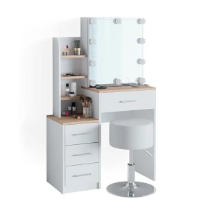 Makeupbord Conrada Hvid/Sonoma 36 cm med LED-belysning og skammel Vicco