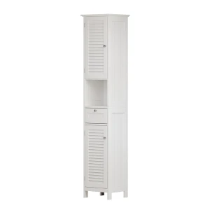 Badschrank Riad Weiß 32 x 170 cm mit Türen, Schublade und offenem Fach Vicco