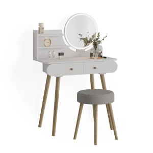 Makeupbord Edda Hvid 80 cm med LED-belysning og skammel Vicco