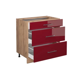 Küchenunterschrank Fame-Line Bordeaux Hochglanz 80 cm mit 3 Schubladen, ohne Arbeitsplatte livinity®