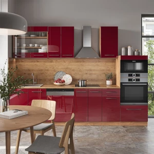Küchenzeile Fame-Line Bordeaux Hochglanz/Goldkraft Eiche 300 cm mit Hochschrank, ohne Arbeitsplatte livinity®