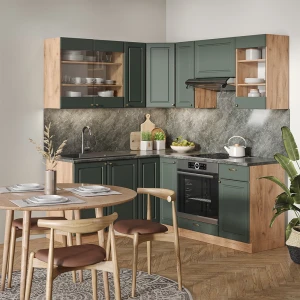 Eckküche Fame-Line Grün-Gold Landhaus/Goldkraft Eiche 190 x 160 cm, AP Marmor livinity®
