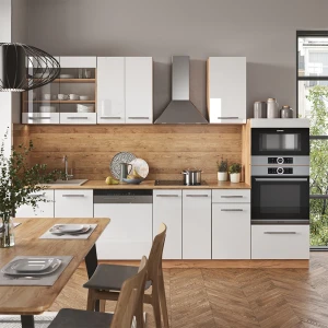 Küchenzeile Fame-Line Weiß Hochglanz/Goldkraft Eiche 300 cm mit Hochschrank, AP Marmor livinity®