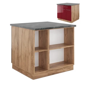 Kücheninsel Fame-Line Bordeaux Hochglanz/Goldkraft Eiche 90 cm mit Schublade, ohne Arbeitsplatte Vicco