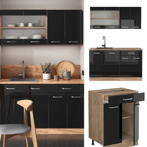 Küchenzeile R-Line Schwarz Hochglanz/Goldkraft Eiche 140 cm , AP Eiche livinity®
