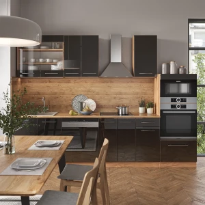 Küchenzeile Fame-Line Anthrazit Hochglanz/Goldkraft Eiche 300 cm mit Hochschrank, AP Anthrazit livinity®