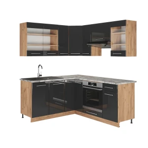 Hjørnekøkken Fame-Line Antracit højglans/guld power oak 190 x 60 cm , BP Marmor Vicco