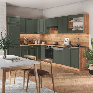 Eckküche Fame-Line Grün-Gold Landhaus/Goldkraft Eiche 287 x 227 cm ohne Arbeitsplatte livinity®