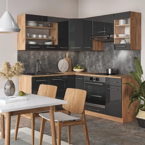 Eckküche Fame-Line Anthrazit Hochglanz/Goldkraft Eiche 190 x 160 cm, AP Marmor livinity®