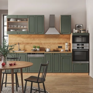 Küchenzeile Fame-Line Grün-Gold Landhaus/Goldkraft Eiche 300 cm mit Hochschrank, ohne Arbeitsplatte livinity®