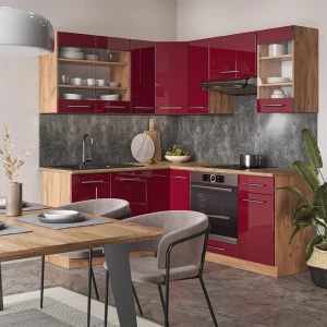 Eckküche Fame-Line Bordeaux Hochglanz/Goldkraft Eiche 190 x 160 cm, AP Marmor livinity®