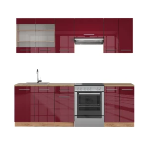 Küchenzeile Fame-Line Bordeaux Hochglanz/Goldkraft Eiche 240 cm ohne Arbeitsplatte Vicco