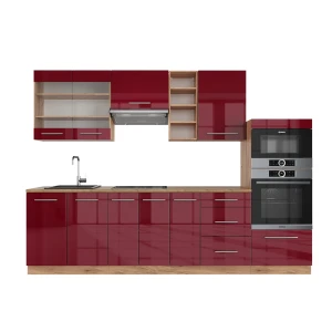 Küchenzeile Fame-Line Bordeaux Hochglanz/Goldkraft Eiche 280 cm , AP Eiche Vicco