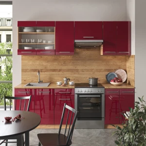 Küchenzeile Fame-Line Bordeaux Hochglanz/Goldkraft Eiche 240 cm ohne Arbeitsplatte livinity®