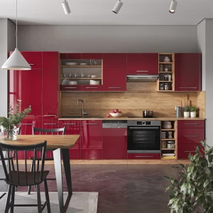 Küchenzeile Fame-Line Bordeaux Hochglanz/Goldkraft Eiche 355 cm ohne Arbeitsplatte livinity®