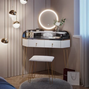 Eckschminktisch Amira Weiß Hochglanz 99 cm mit LED Spiegel, Hocker und USB livinity®