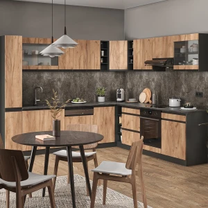 Eckküche R-Line Goldkraft Eiche 257 x 46 cm J-Shape, ohne Arbeitsplatte livinity®