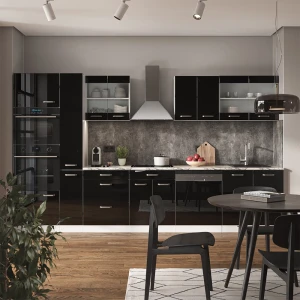 Küchenzeile R-Line Schwarz Hochglanz/Weiß 350 cm mit Hochschrank, AP Eiche livinity®