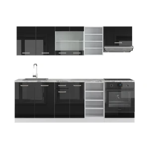 Zabudowa kuchenna R-Line Czarny wysoki połysk/biały 240 cm , BP Marmur Vicco