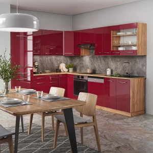 Eckküche Fame-Line Bordeaux Hochglanz/Goldkraft Eiche 287 x 227 cm ohne Arbeitsplatte livinity®