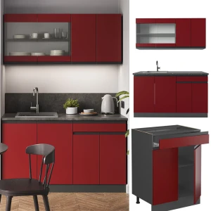 Singleküche R-Line Rot/Anthrazit 140 cm  J-Shape, AP Eiche livinity®