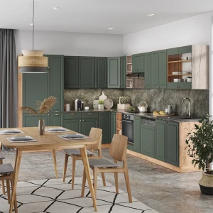 Eckküche Fame-Line Grün-Gold Landhaus/Goldkraft Eiche 347 x 257 cm ohne Arbeitsplatte livinity®