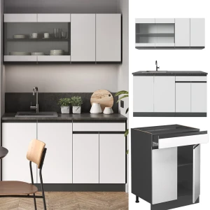Singleküche R-Line Weiß/Anthrazit 140 cm  J-Shape, AP Marmor livinity®