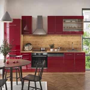 Küchenzeile Fame-Line Bordeaux Hochglanz/Goldkraft Eiche 300 cm ohne Arbeitsplatte livinity®