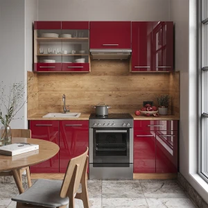 Küchenzeile Fame-Line Bordeaux Hochglanz/Goldkraft Eiche 200 cm ohne Arbeitsplatte livinity®