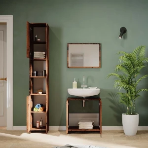 Badmöbel-Set Kiko Eiche rustikal 3 Teile, mit Hochschrank livinity®