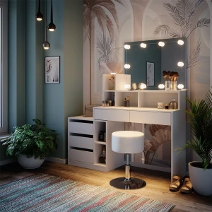 Schminktisch Anja Weiß 139.8 cm mit LED Beleuchtung und Hocker livinity®