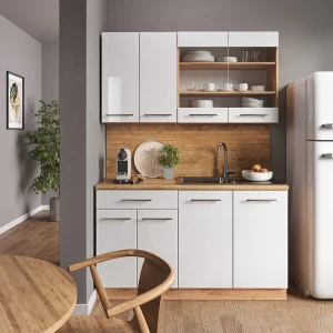 Singleküche Fame-Line Weiß Hochglanz/Goldkraft Eiche 140 cm ohne Arbeitsplatte livinity®
